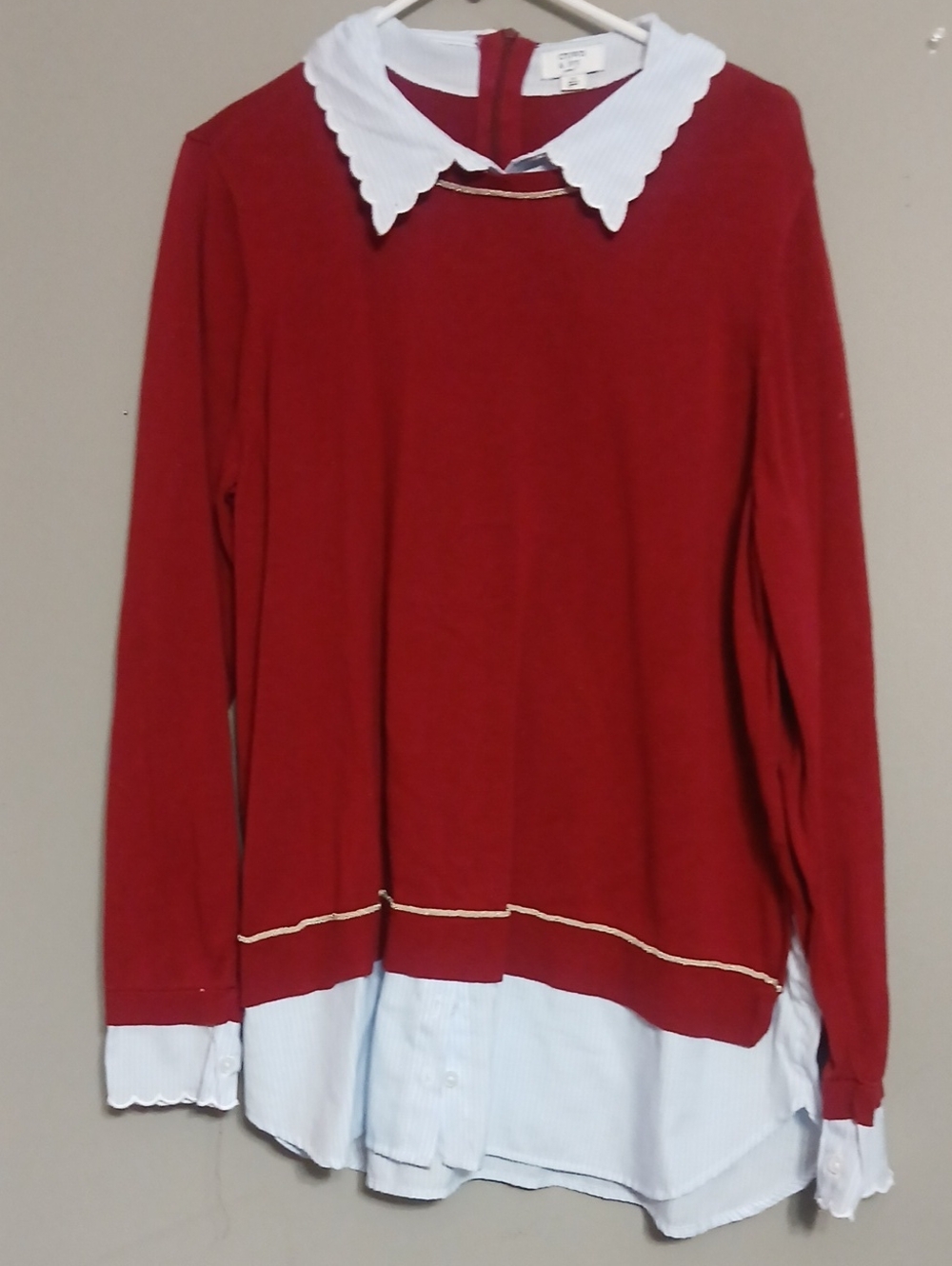 crown & ivy Red Sweater Top with Striped White Collar and Gold Trim